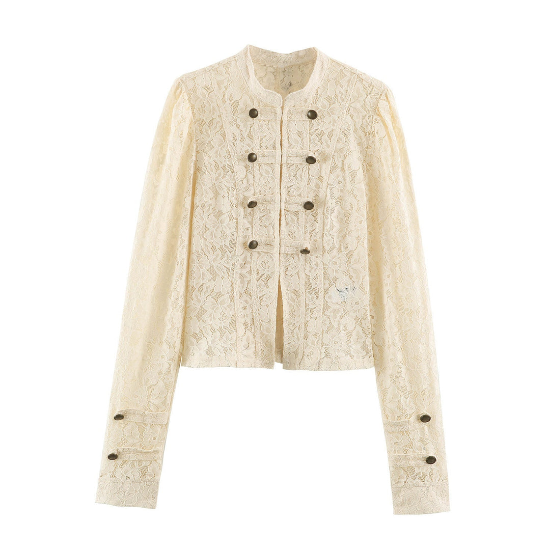 Dam Kort Jacka Tillverkad av Blommig Lace med Mandarin Krage och Dekorativ Straps