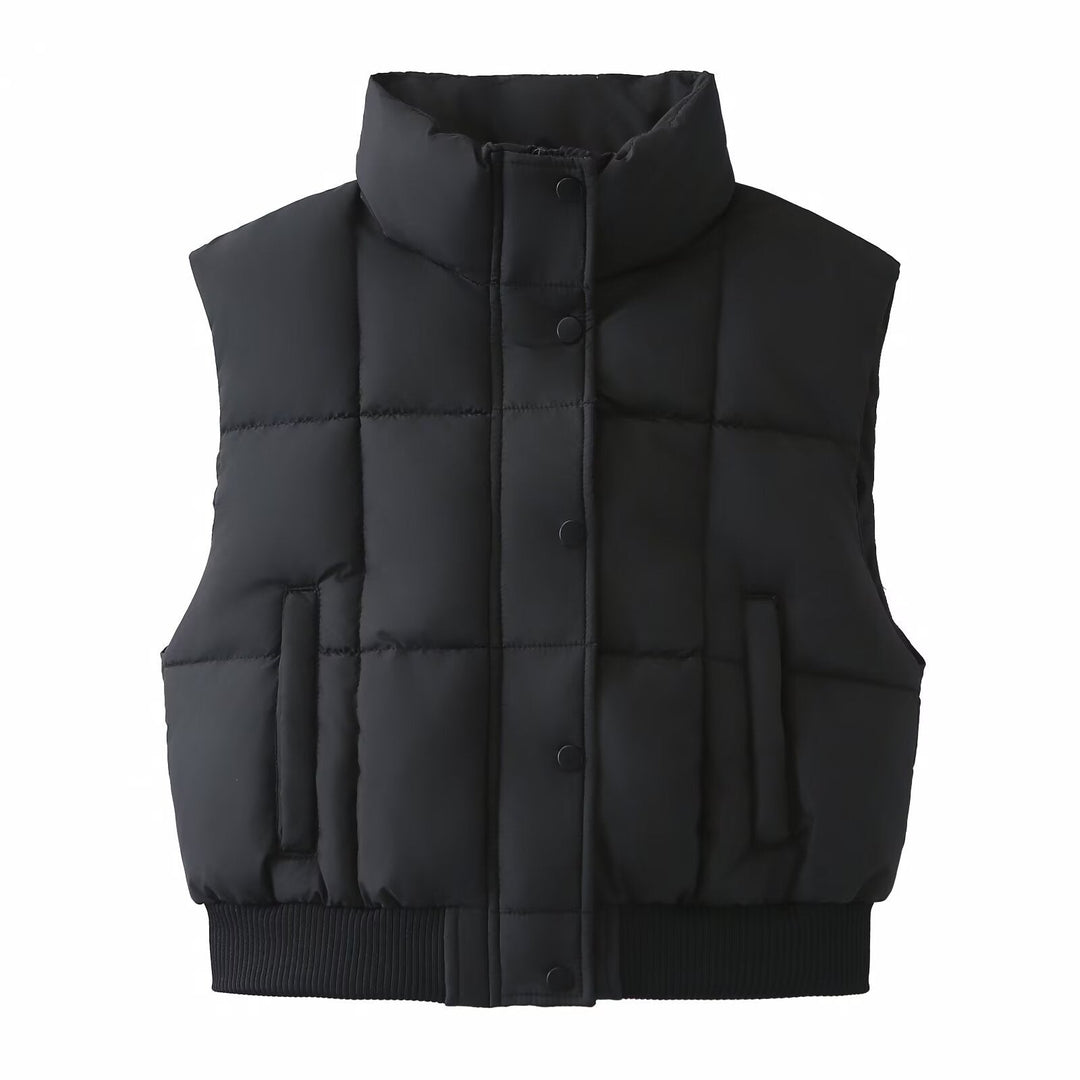 Dam Quiltad Kort Puffer Väst med Ståkrage och Ribbad Fåll