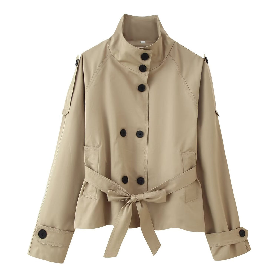 Dam 400+ Kort Fitted Trench Jacka med Stå Krage, Double-Breasted Knapp Knäppning och Belt