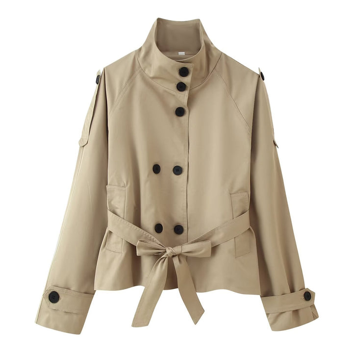 Dam 400+ Kort Fitted Trench Jacka med Stå Krage, Double-Breasted Knapp Knäppning och Belt