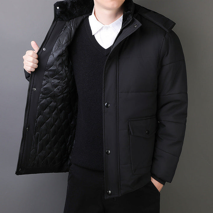 Herr Short Parka med Quiltad Termisk Foder, Huva Attachment, och Multifunctional Lock Fickor