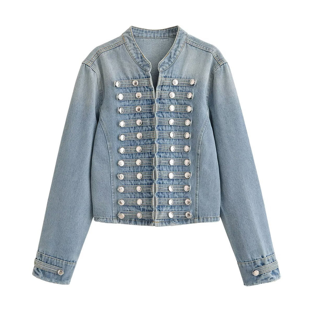 Dam Kort Denimjacka med Military Piping och Dekorativ Metal Knappar