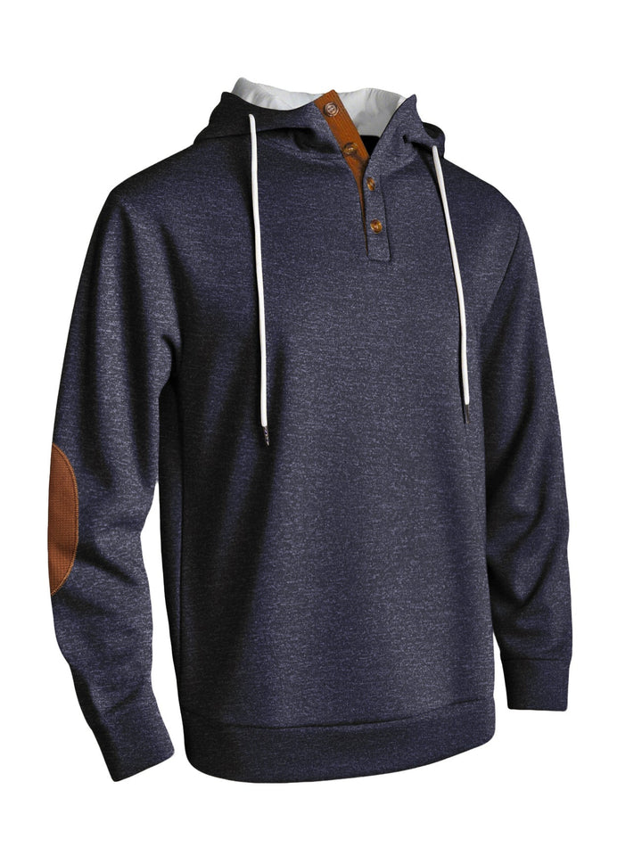 Herr med Huva College-Tröja i Puristic Leisure Stil med Henley Knapplist, Contrasted Huva Interior, och Elbow Lappar