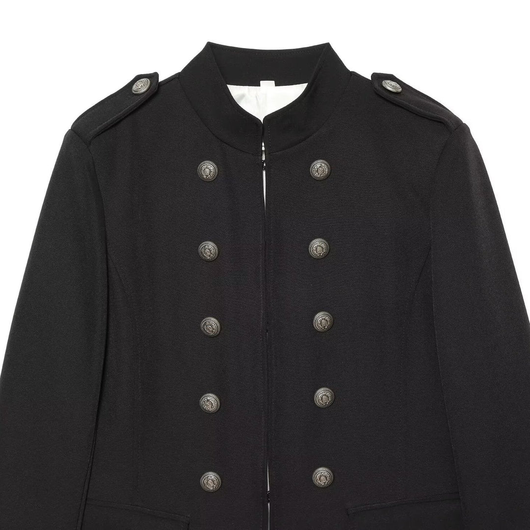 Dam Military Inspired Double Breasted Kort Jacka med Stå Krage och Epaulettes