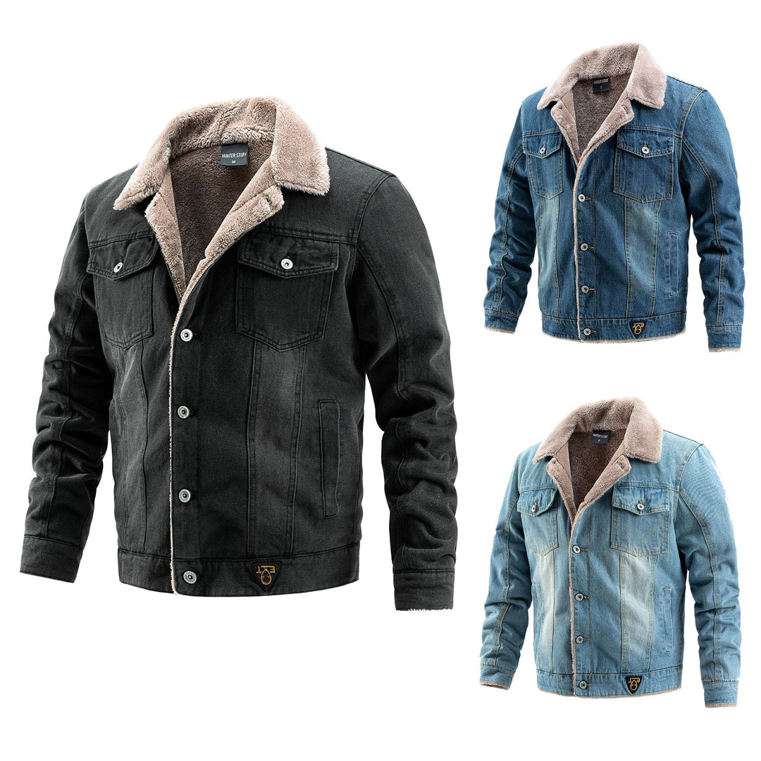 Herr Robust Denim Trucker Jacka med Sherpa Foder och Teddy Krage