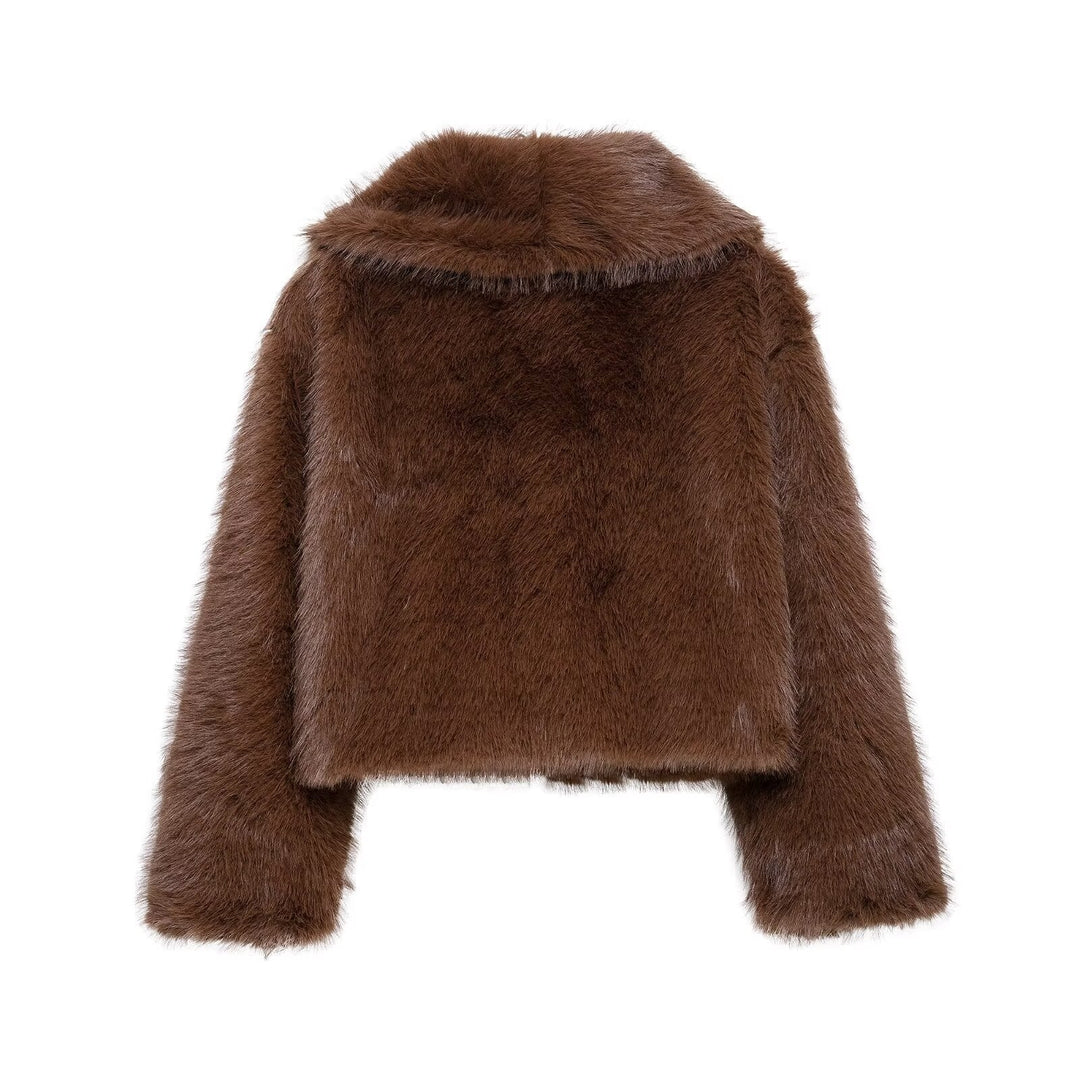 Dam 20+ Kort Faux Fur Jacka med Wide Shawl Krage och Boxig Silhuett