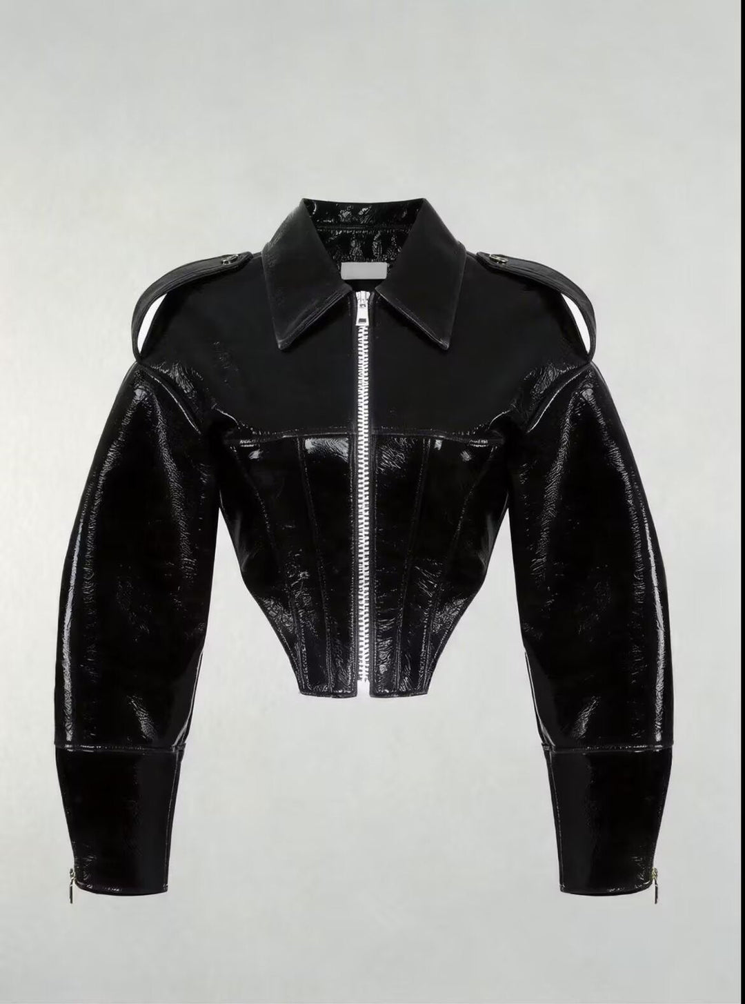 Dam Kort-Skärning Faux Patent Läder Blouson med Skräddarsydd Corset Skärning