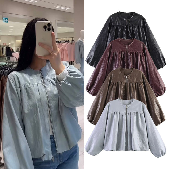 Dam kort jacka med ruched yoke, round neck och balloon ärmar