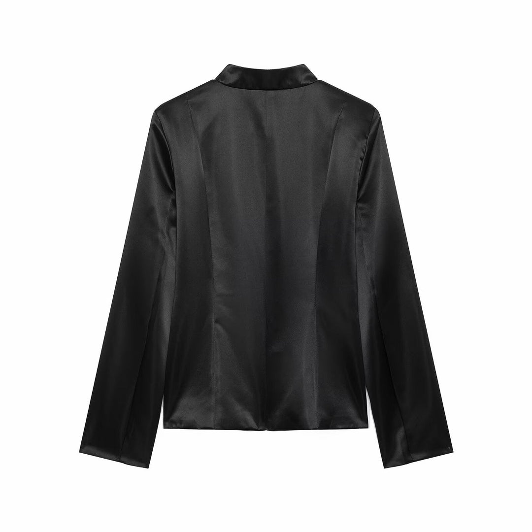 Dam Satin Blazer Jacka med Mandarin Krage och Dekorativ Frog Knappar