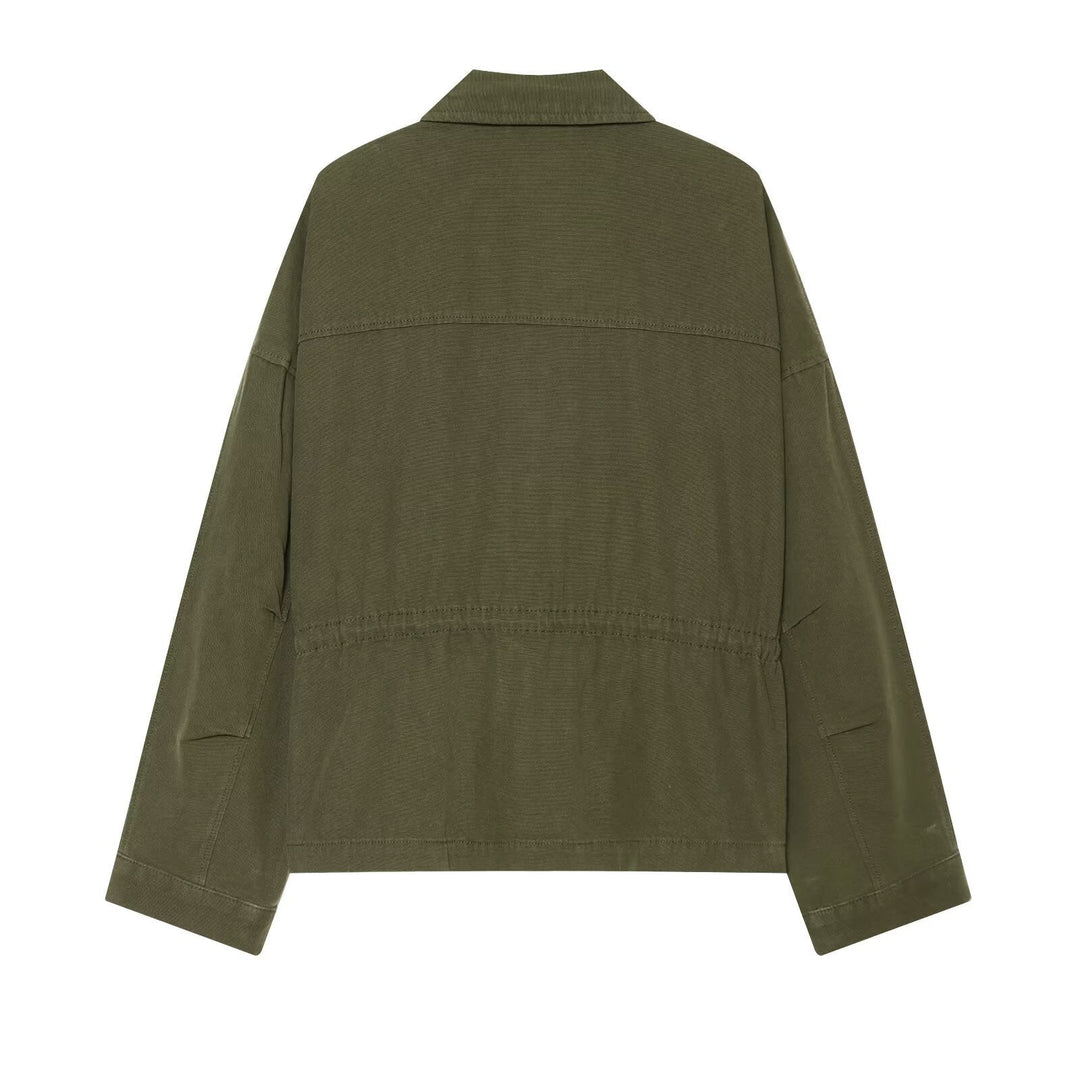 Dam Kort Skärning Utility Blouson Jacka med Stå Krage Lock Fickor och Continuous Dragkedja