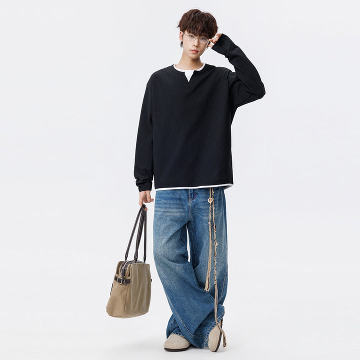 Herr Oversized Waffle Texture College-Tröja med V-ringad och Layered Look