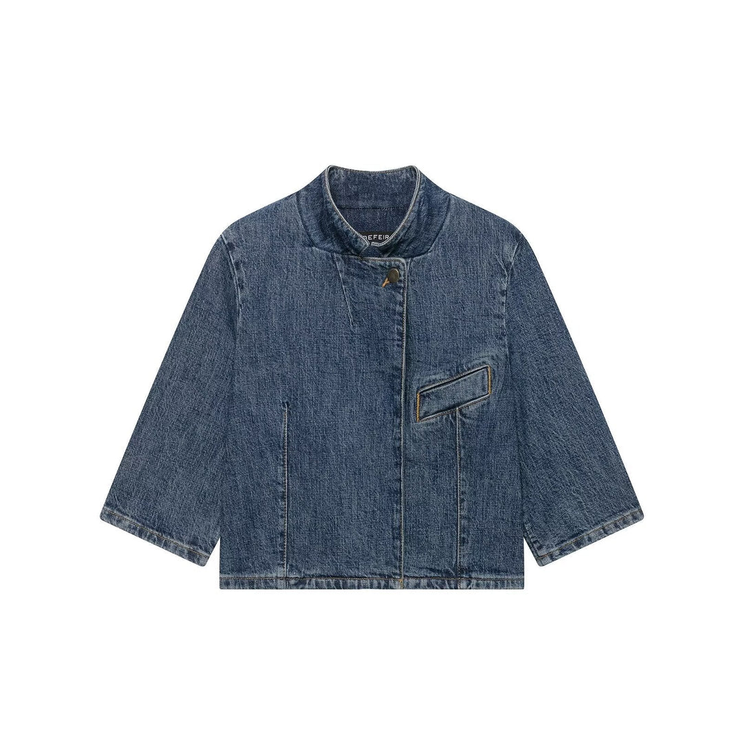 Dam Kort Denim Cape Jacka med Stå Krage, Boxig Silhuett och 3/4 Ärmar