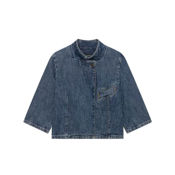 Dam Kort Denim Cape Jacka med Stå Krage, Boxig Silhuett och 3/4 Ärmar