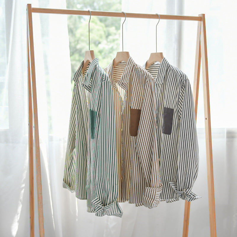 Herr Randig Lång Ärm Overshirt Tillverkad av Bomullsblandning med Contrasted Bröstficka