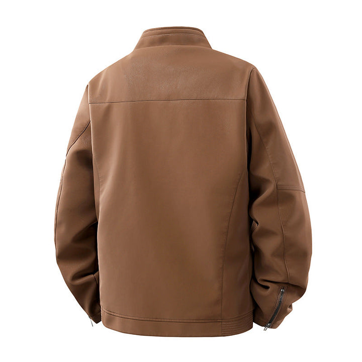 Herr Avslappnad Leather-Look Blouson med Stående Krage och Dold Dragkedja