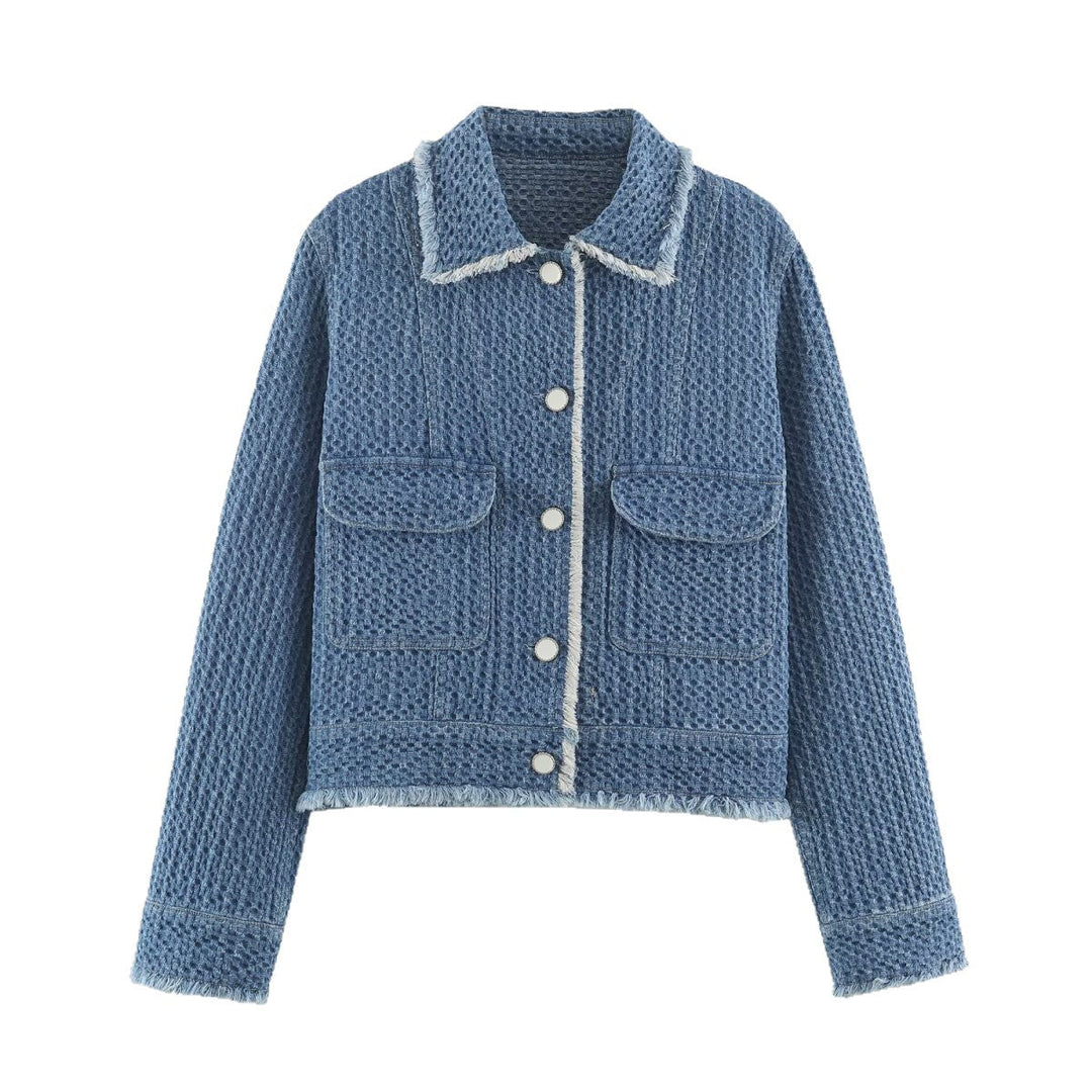 Dam Structured kort jacka gjord Boucle denim med Fringe fåll