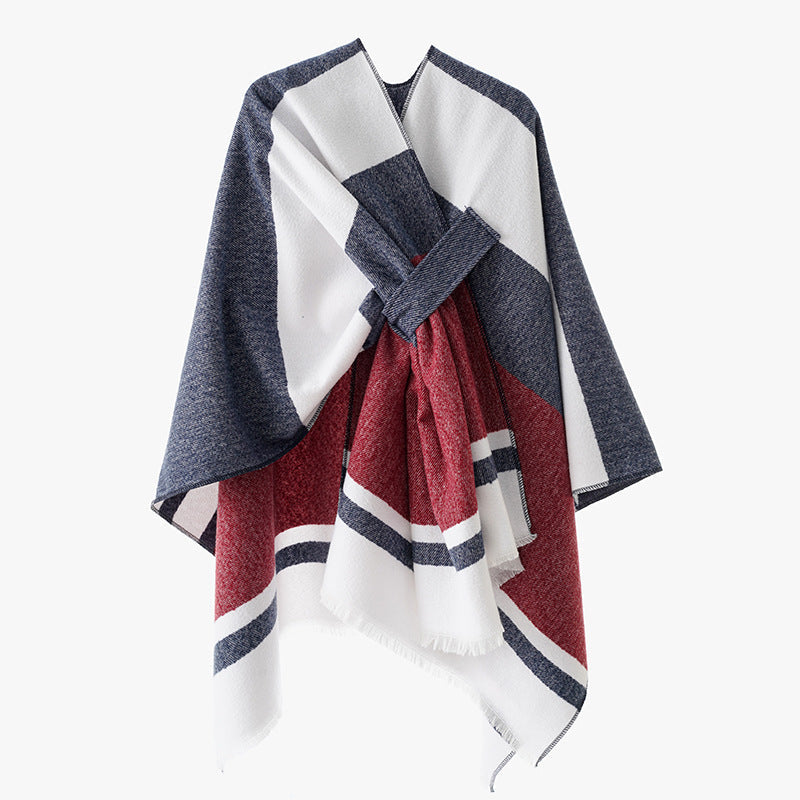 Dam oversized capeponcho tillverkad av ullblandning med tie loop och randig border