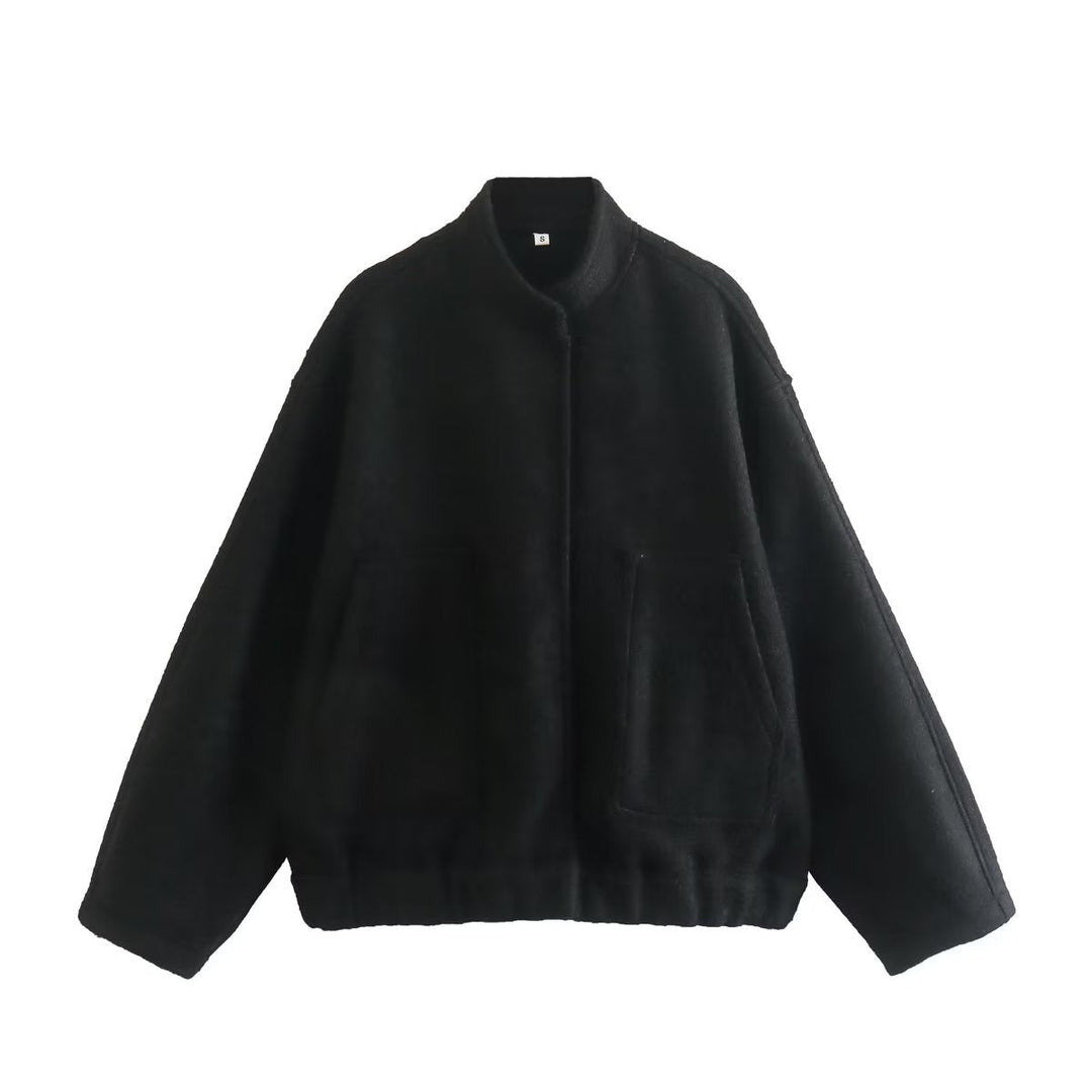 Dam boxy ullblandning blouson med ståkrage, concealed front placket, sidofickor och elastisk fåll