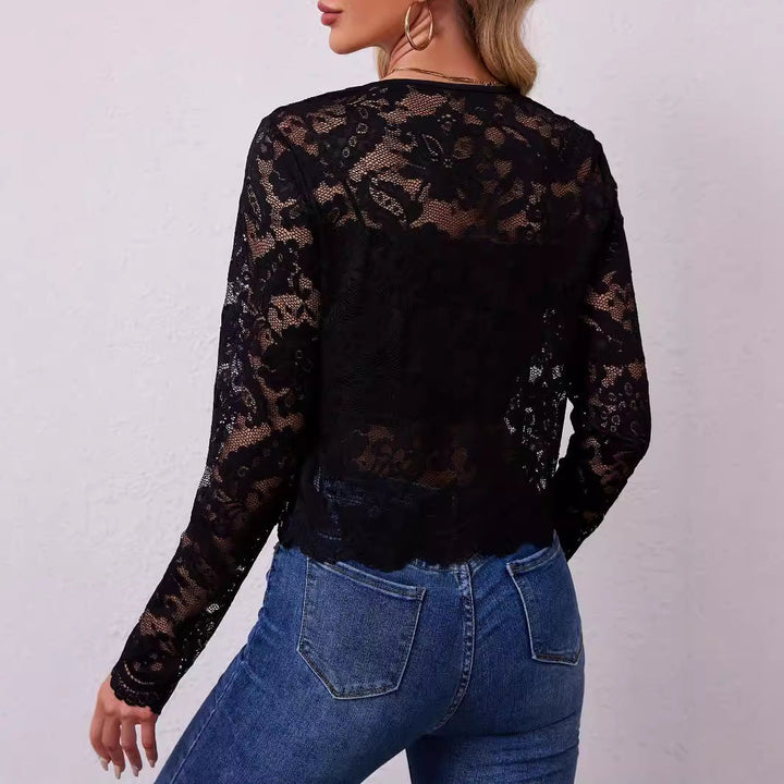 Dam Kort-Skärning Transparent Lace Bolero Jacka med Blommig Lace och Hook Stängning