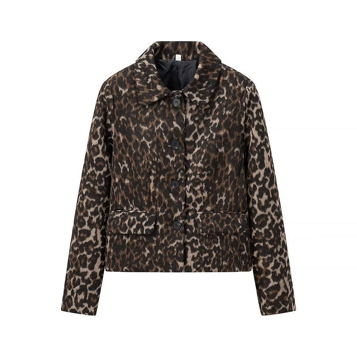 Dam kastige kort jacka med leopardprint, sjalkrage och påsydda fickor