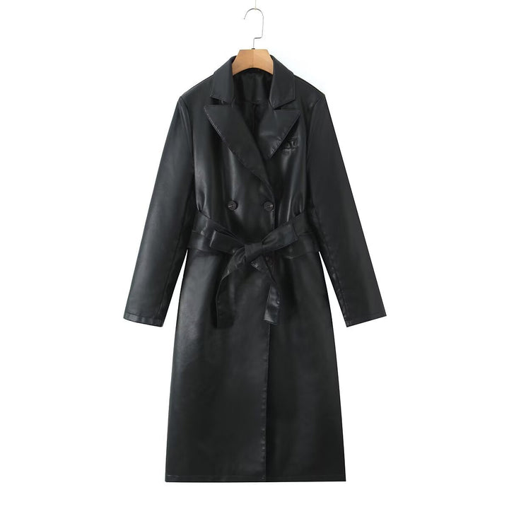 Dam Lång Modell Konstläder Trenchcoat med Dubbel-Breasted Knapplist och Midjebälte