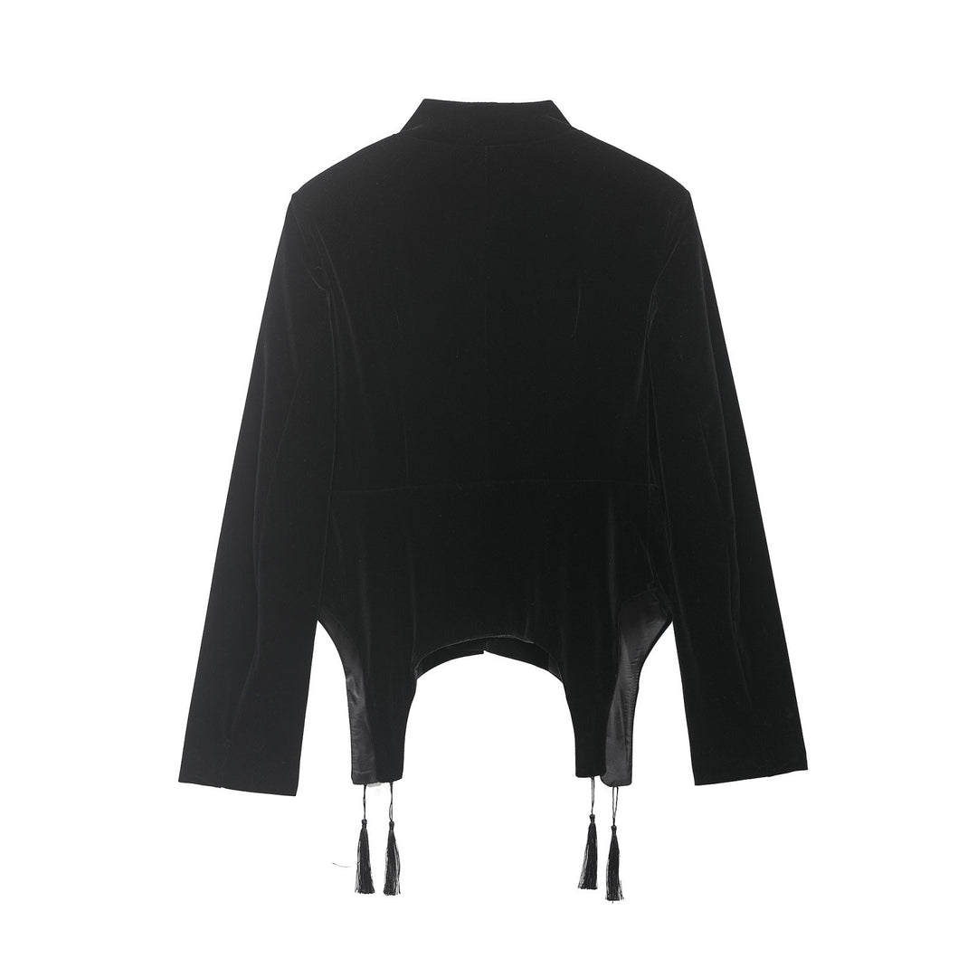 Dam Velvet Bolero med Chinese Stå Krage, Frog Closures och Asymmetrisk Nederkant