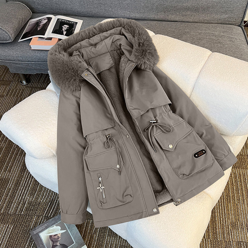 Dam nano vadderad parka med removable faux fur huva, teddyfoder, och justerbar dragsko
