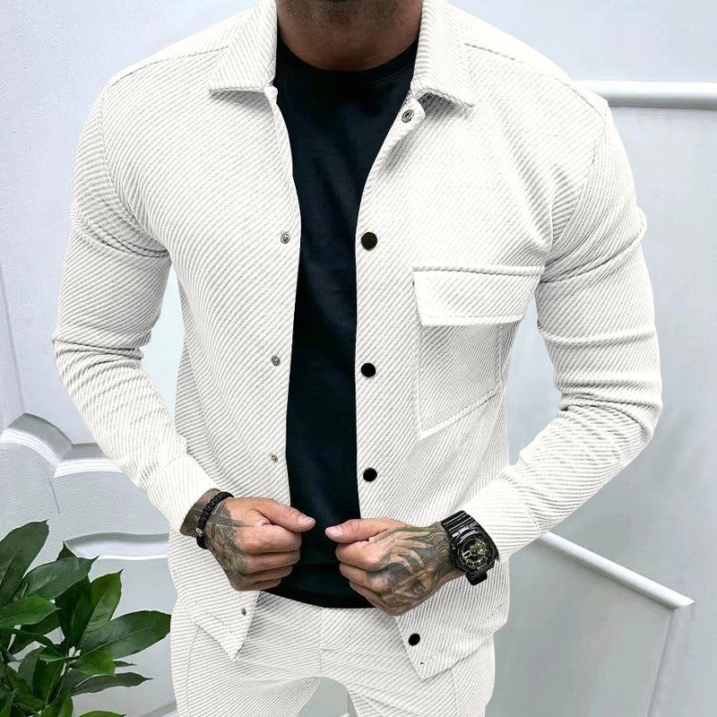 Herr slim ribbad structure overshirt jacka med tryckknapp stängning och bröst lock