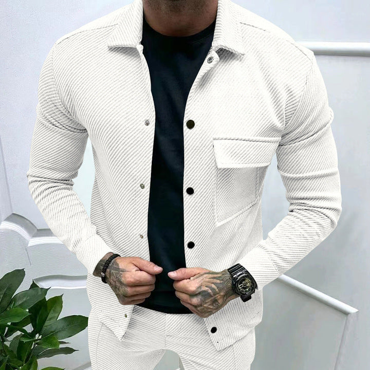 Herr slim ribbad structure overshirt jacka med tryckknapp stängning och bröst lock