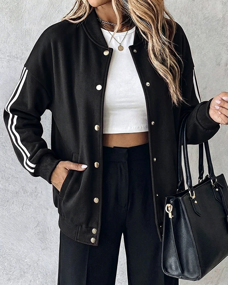 Dam oversized College jacka med Snap knäppning och kontrasterande Stripe ärmar