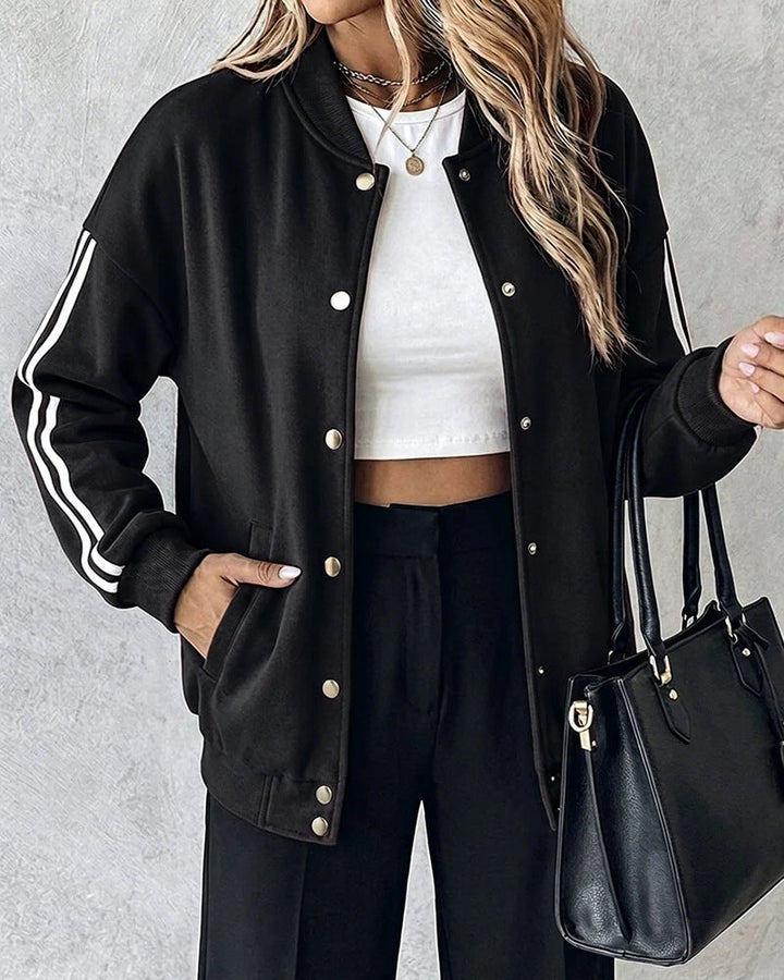 Dam oversized College jacka med Snap knäppning och kontrasterande Stripe ärmar