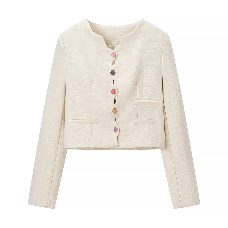 Dam cropped Bouclé jacka med vågig knäppning och heart appliqués