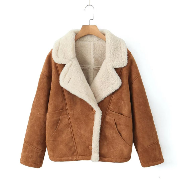 Dam Kort Aviatorjacka Tillverkad av Suede Imitation med Teddy Foder och Stora Lapels