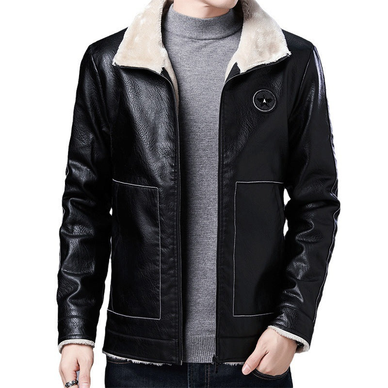 Herr Pilot Blouson i Läder Look med Sherpa Foder och Stående Krage