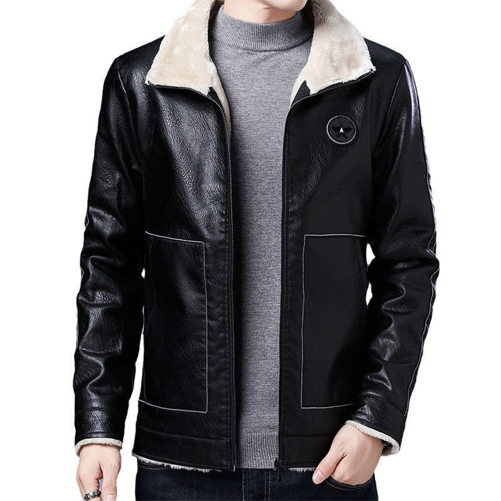 Herr Pilot Blouson i Läder Look med Sherpa Foder och Stående Krage