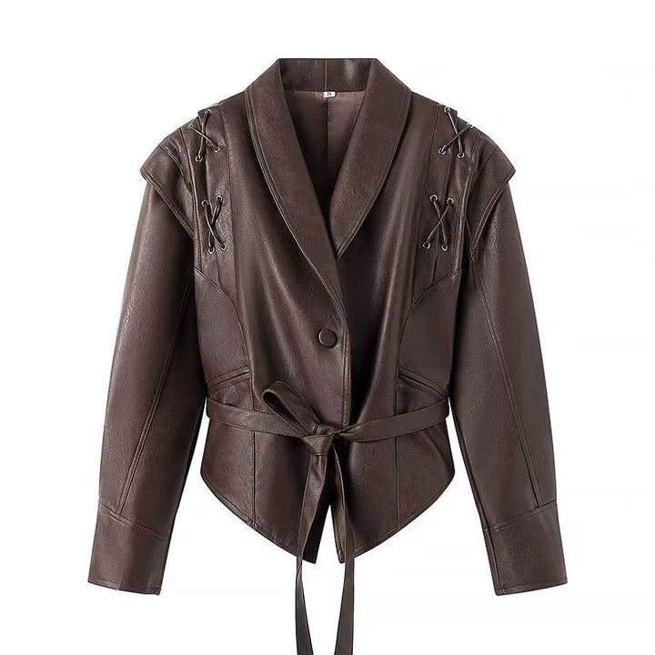 Dam Wrap läder jacka med midjebälte, Emphasized Shoulder Area och Feminine silhuett