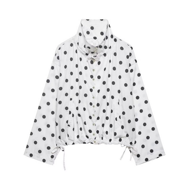 Dam kort jacka in rain parka stil med ståkrage, dragsko och polka dot tryck