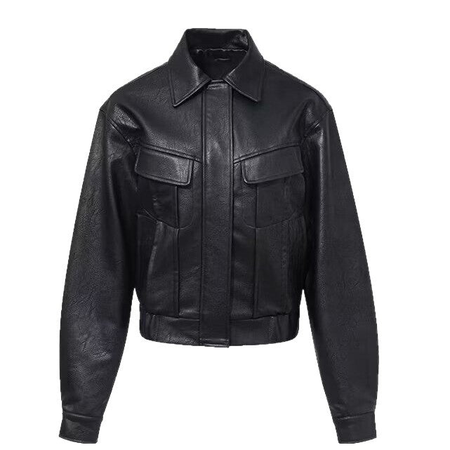 Dam kort jacka in vegan läderlook in kort utility worker stil med flap fickor
