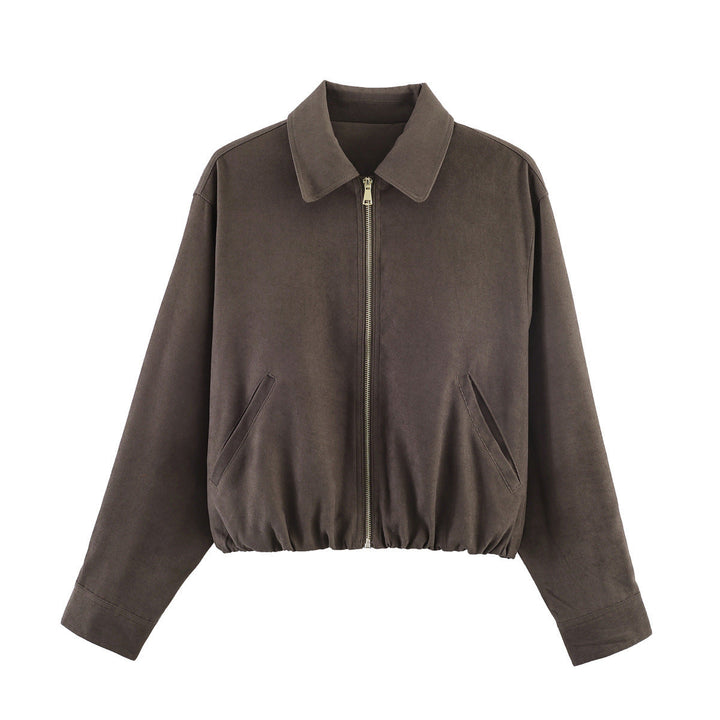 Dam kort skuren mocka look bomber jacka med dragkedja, elastic fåll och diagonal sidofickor