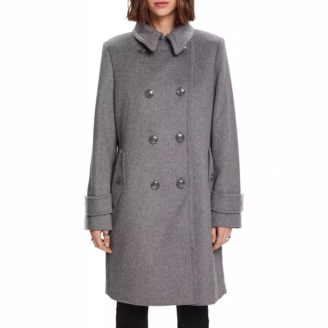 Dam Mid-length Double-breasted marinblå-inspired ull-blend Peacoat med Flap fickor