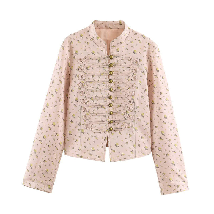 Dam kort Satin jacka in Military stil med dekorativ Frog Trim