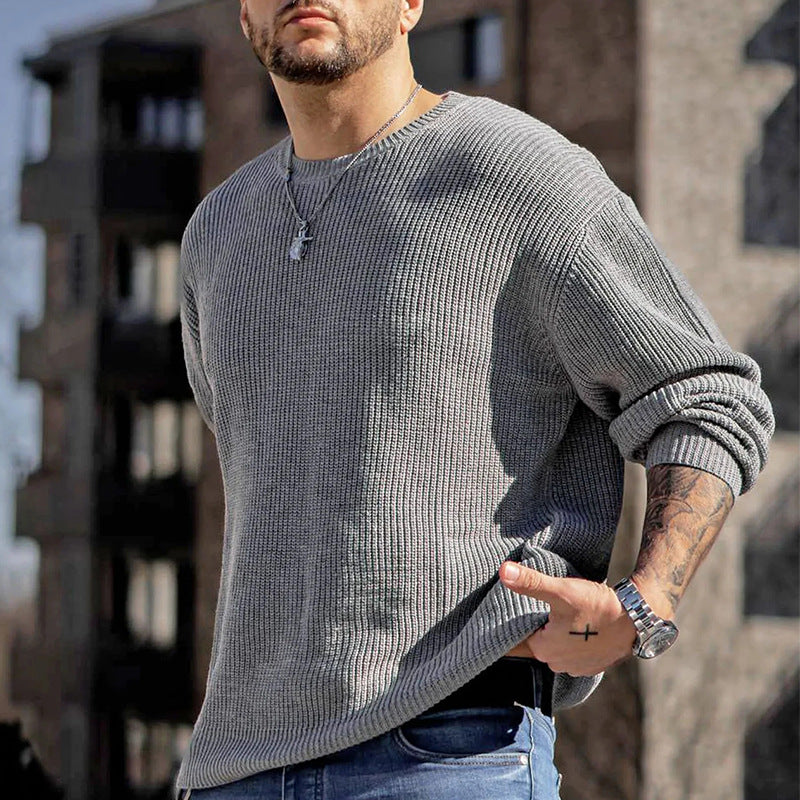 Herr Ledig Strukturerad Stickad Pullover med Round Neck och Drop Shoulders