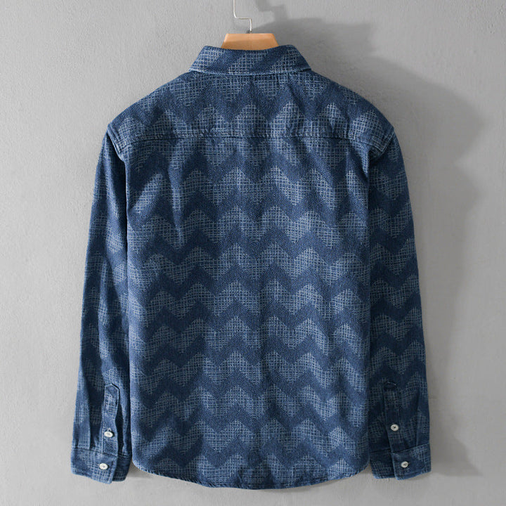 Herr Indigo-Structure Overshirt Tillverkad av Washed Denim med Zigzag Jacquard, Kent Krage och Bröstficka