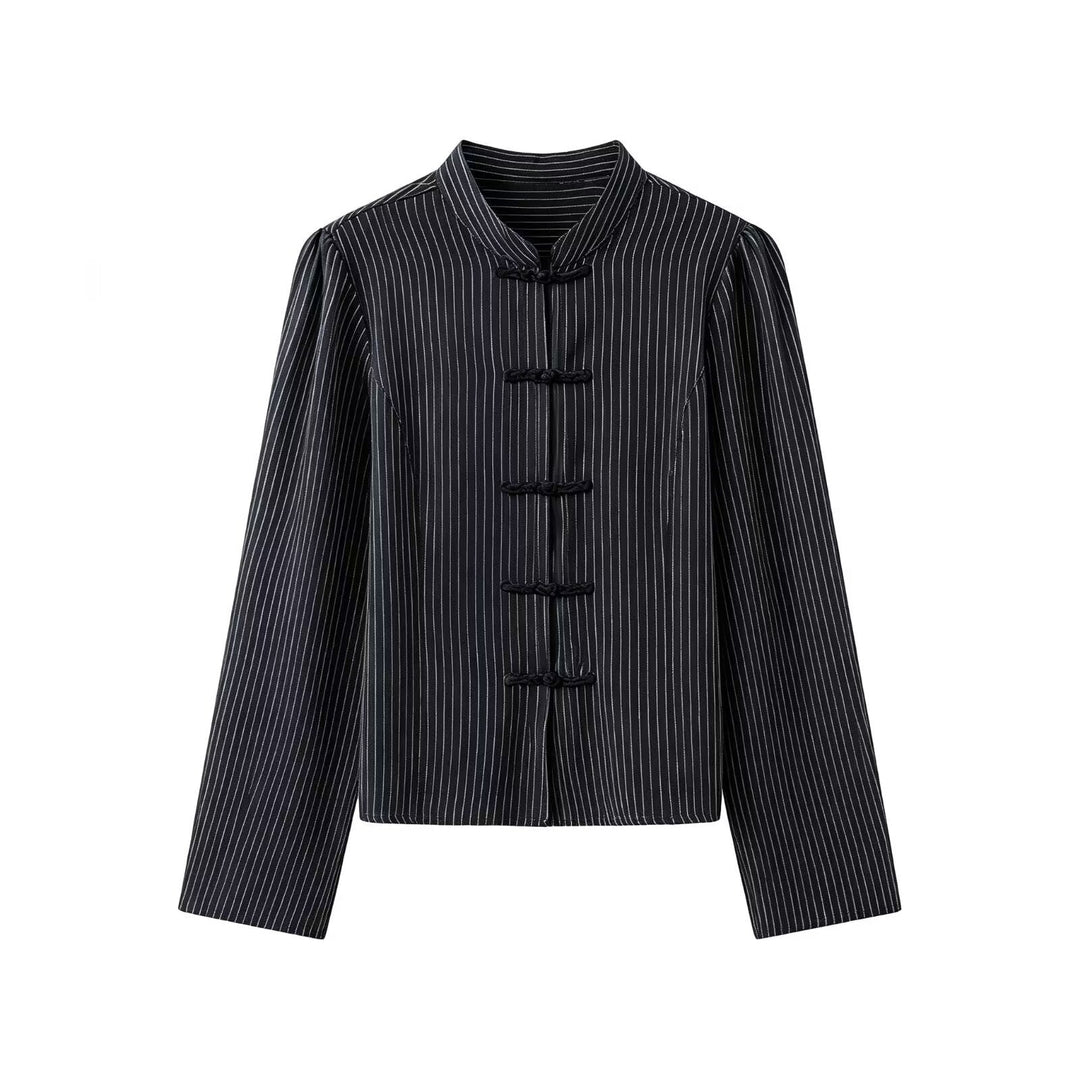Dam Pinstripe Mandarin Jacka med Knot Closures och Straight Skärning