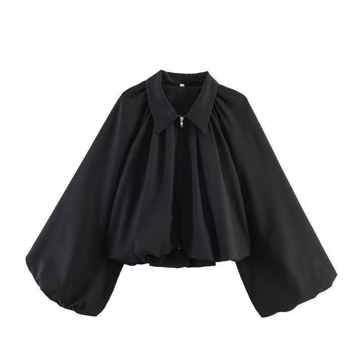Dam kort cape med voluminous ärmar, dragkedja och gathered fåll