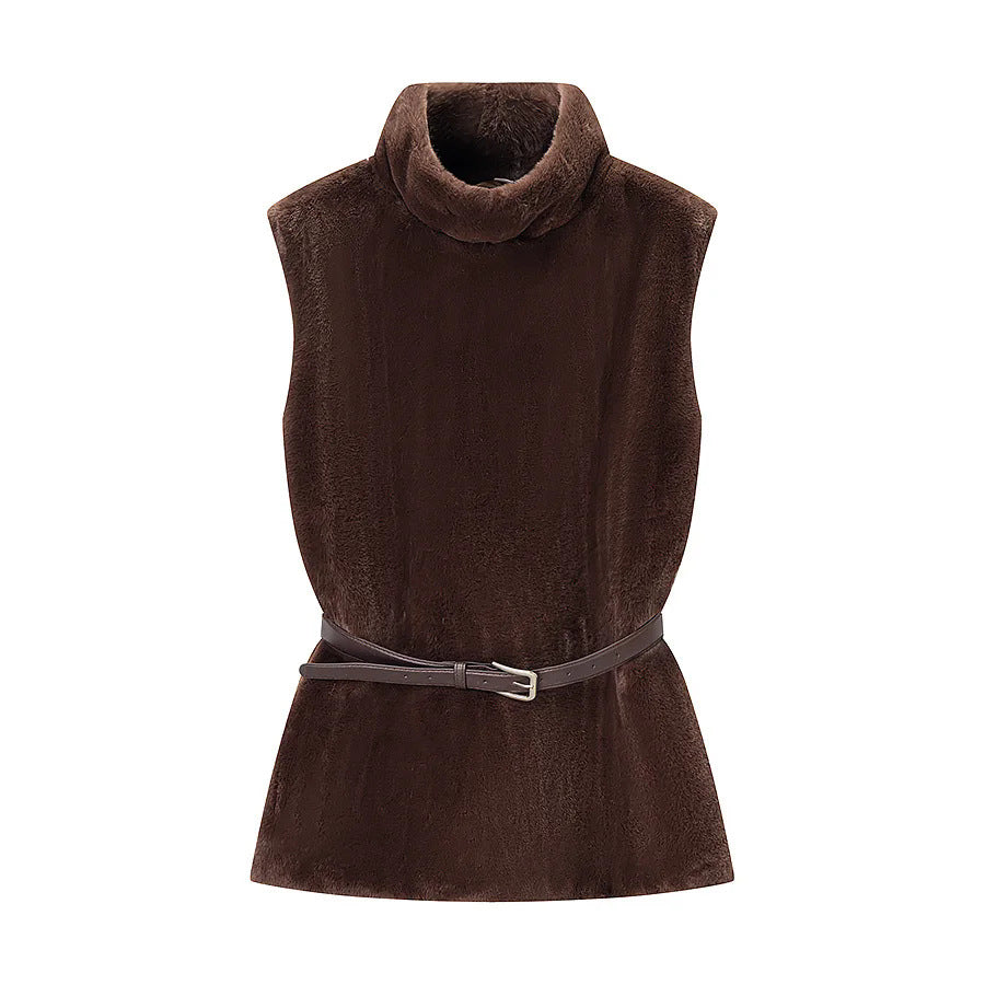 Dam sleeveless faux fur väst med high turtleneck och figursydd läder bälte