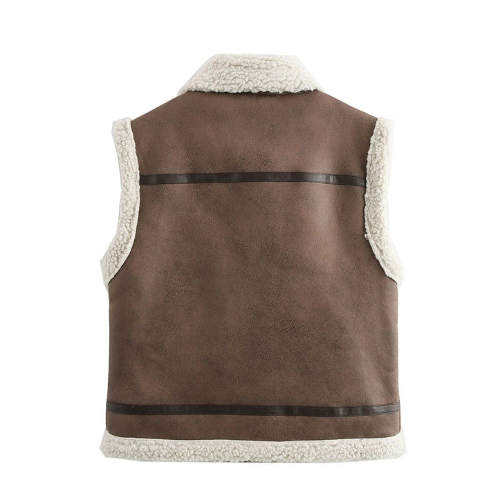 Dam figursydd faux fur väst med Sherpa krage, dragkedja och decorative bälte