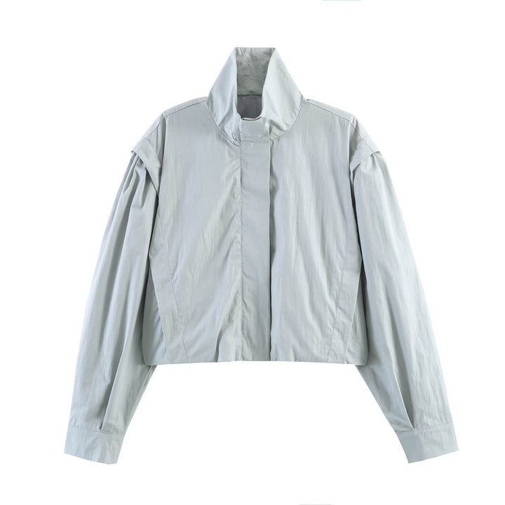 Dam Kort Windbreaker med Stå Krage, Oversize Ärmar och Dold Front