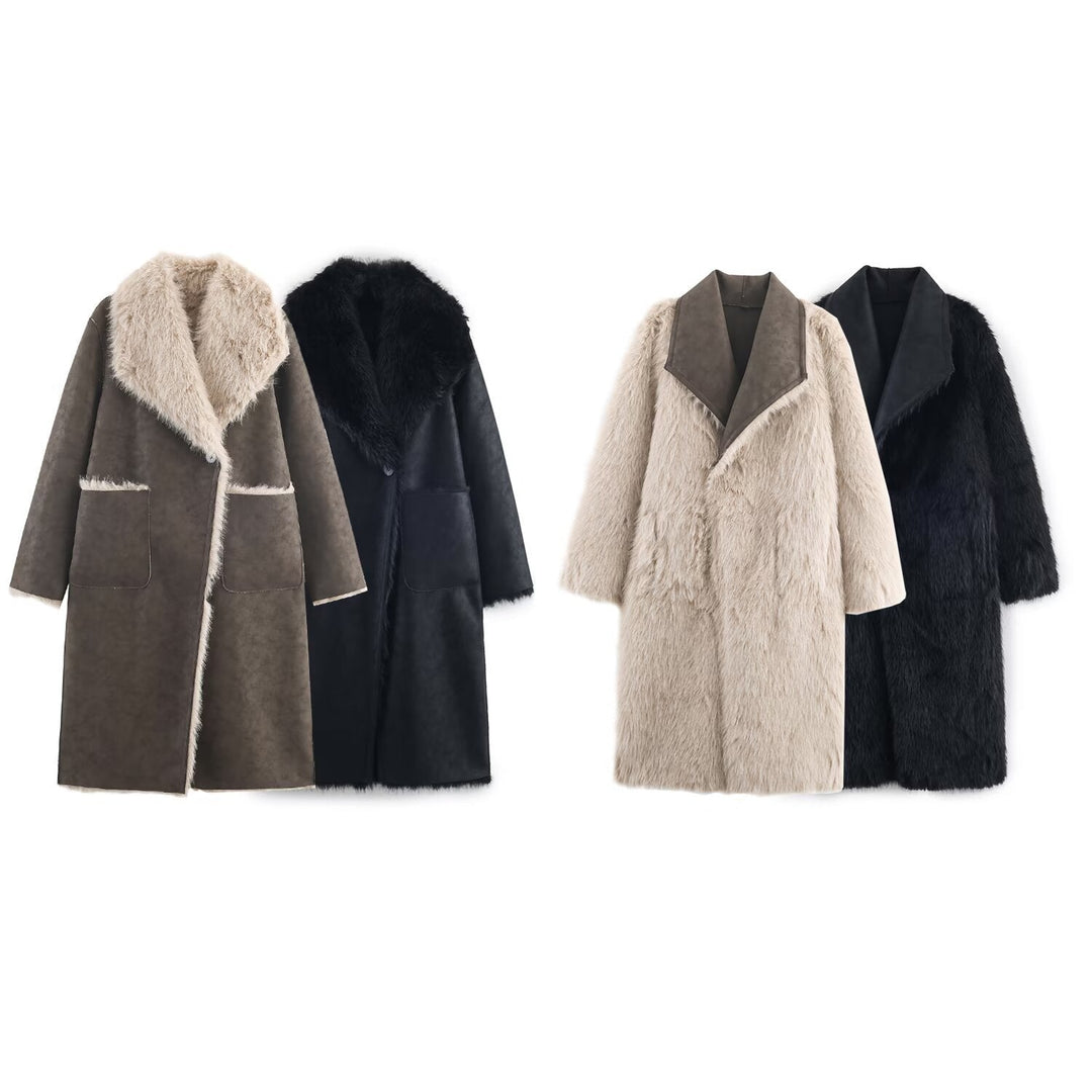Dam Longer Reversible Konstpäls Kappa med Oversized Sjalrakrage och Utanpåfickor