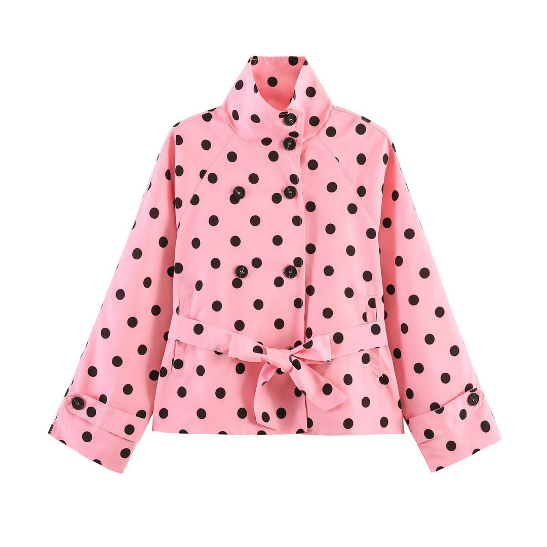 Dam Kort Skärning Raincoat med Prickig Prick Mönster och Tie Belt